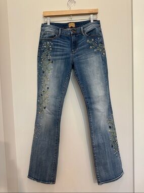 DRIFTWOOD Blue Embroidered Flare Jeans with Floral Accents